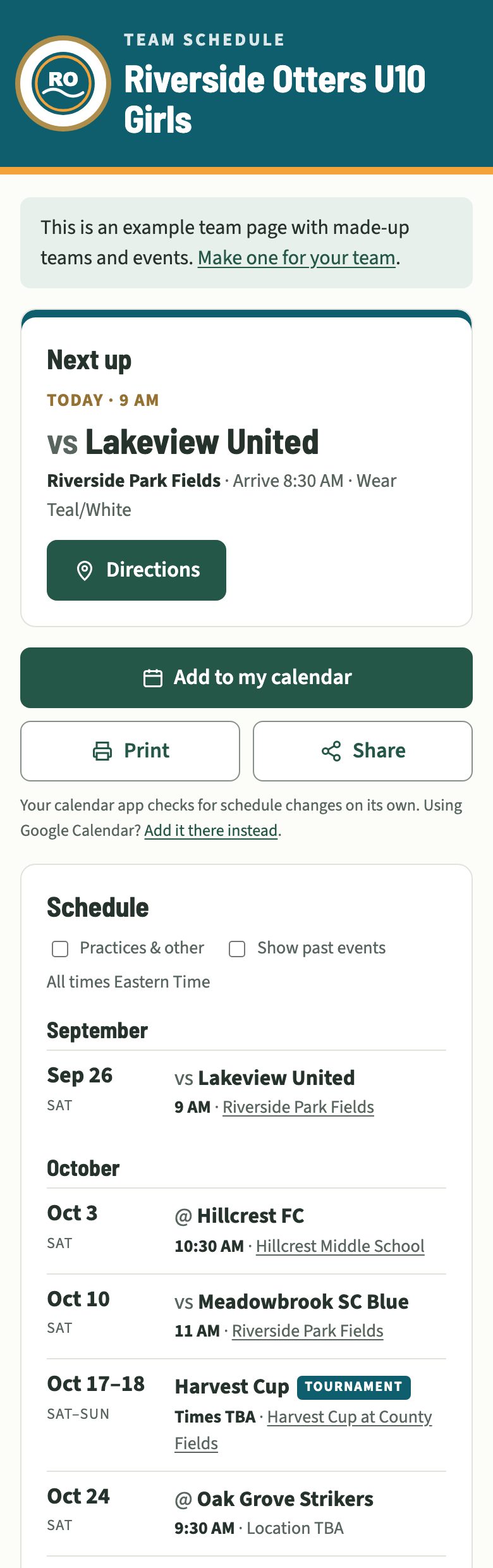 Team page on a phone: the next game with a Directions button, buttons to add the schedule to a calendar, print, or share, and the team's links